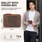 Compact genuine leather wallet medium brown, landscape format with Vienna coin box, STILORD embossing; measurements shown and model holding it