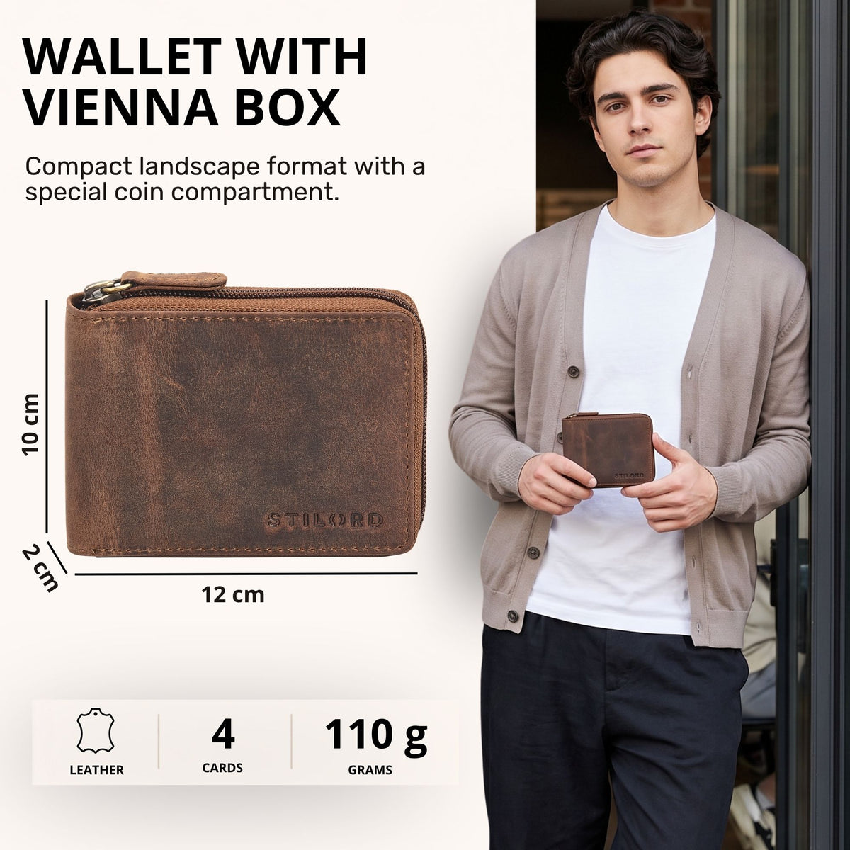 Compact genuine leather wallet medium brown, landscape format with Vienna coin box, STILORD embossing; measurements shown and model holding it
