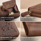Compact genuine leather wallet in medium brown, open coin compartment with coins, zipper edge, water droplets on embossed logo and stitched corner