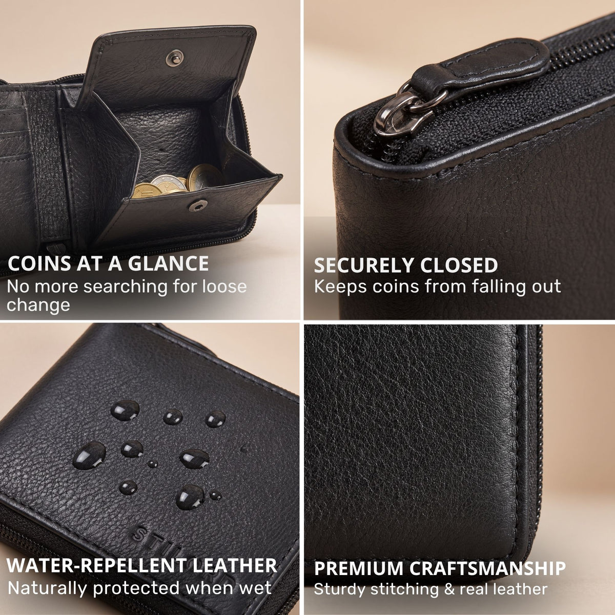 Four close-up views of a black leather wallet: open coin pocket with coins, zipper edge, water droplets on leather, stitched corner.