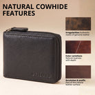 Compact genuine leather wallet, black zip-around, front-side view with visible STILORD embossing and leather grain samples on right