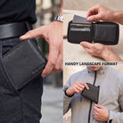 Landscape black leather wallet with visible STILORD embossing, zip closure, open card slots and hand/pocket carrying views