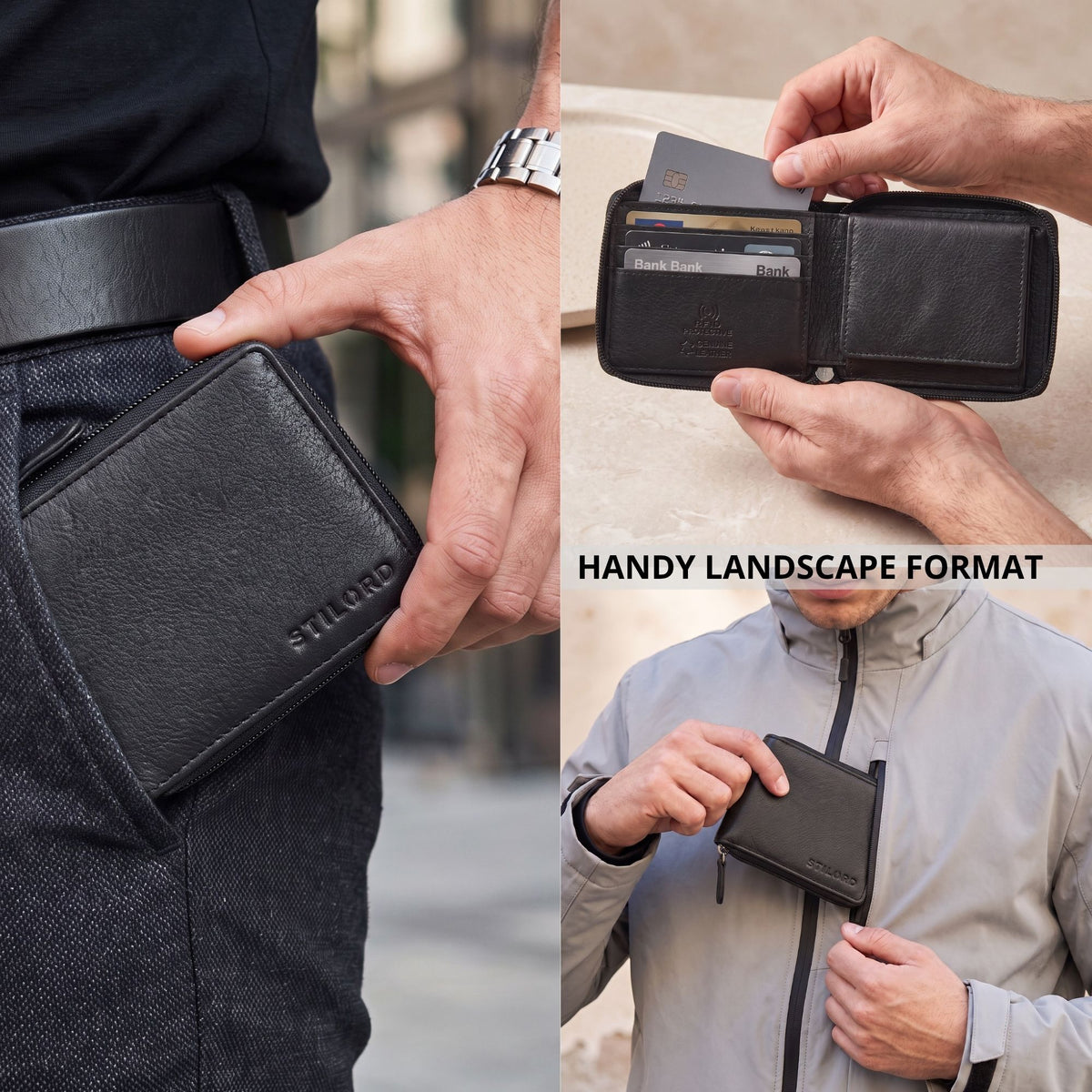 Landscape black leather wallet with visible STILORD embossing, zip closure, open card slots and hand/pocket carrying views