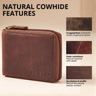 Cognac leather zip-around wallet, horizontal format, visible STILORD embossing and natural leather grain, front view