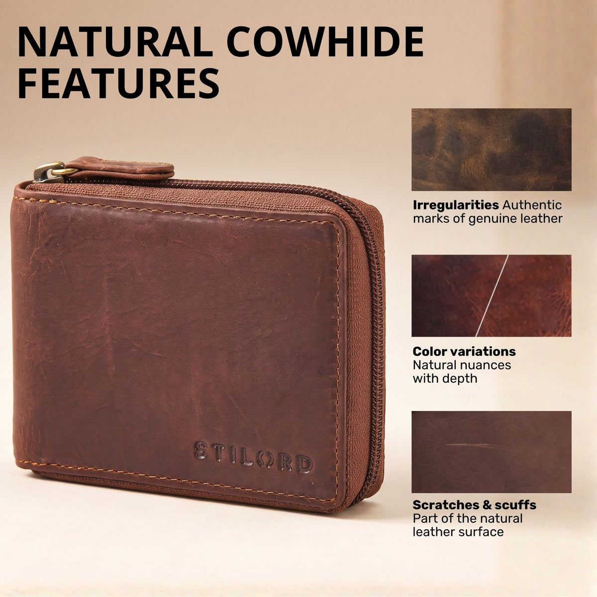 Cognac leather zip-around wallet, horizontal format, visible STILORD embossing and natural leather grain, front view
