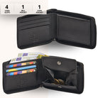 black genuine leather wallet open, box coin pocket, 4 card slots and bill compartment, visible RFID embossing