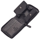 Genuine leather wallet black open view, zip-around, coin compartment with snap, RFID protection embossing