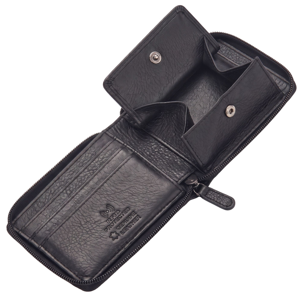 Genuine leather wallet black open view, zip-around, coin compartment with snap, RFID protection embossing