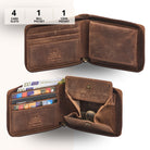 Brown genuine leather wallet with coin pocket, card slots and RFID protection, open view
