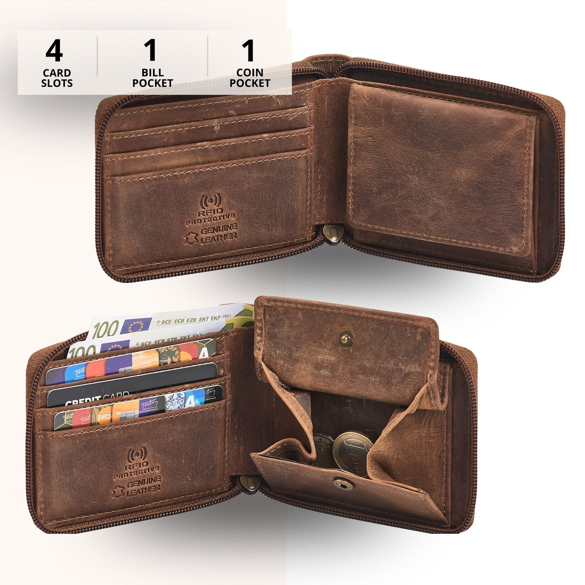 Brown genuine leather wallet with coin pocket, card slots and RFID protection, open view