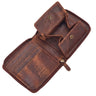 Open cognac leather wallet, horizontal format, card slots, snap coin pocket, visible RFID protection embossing