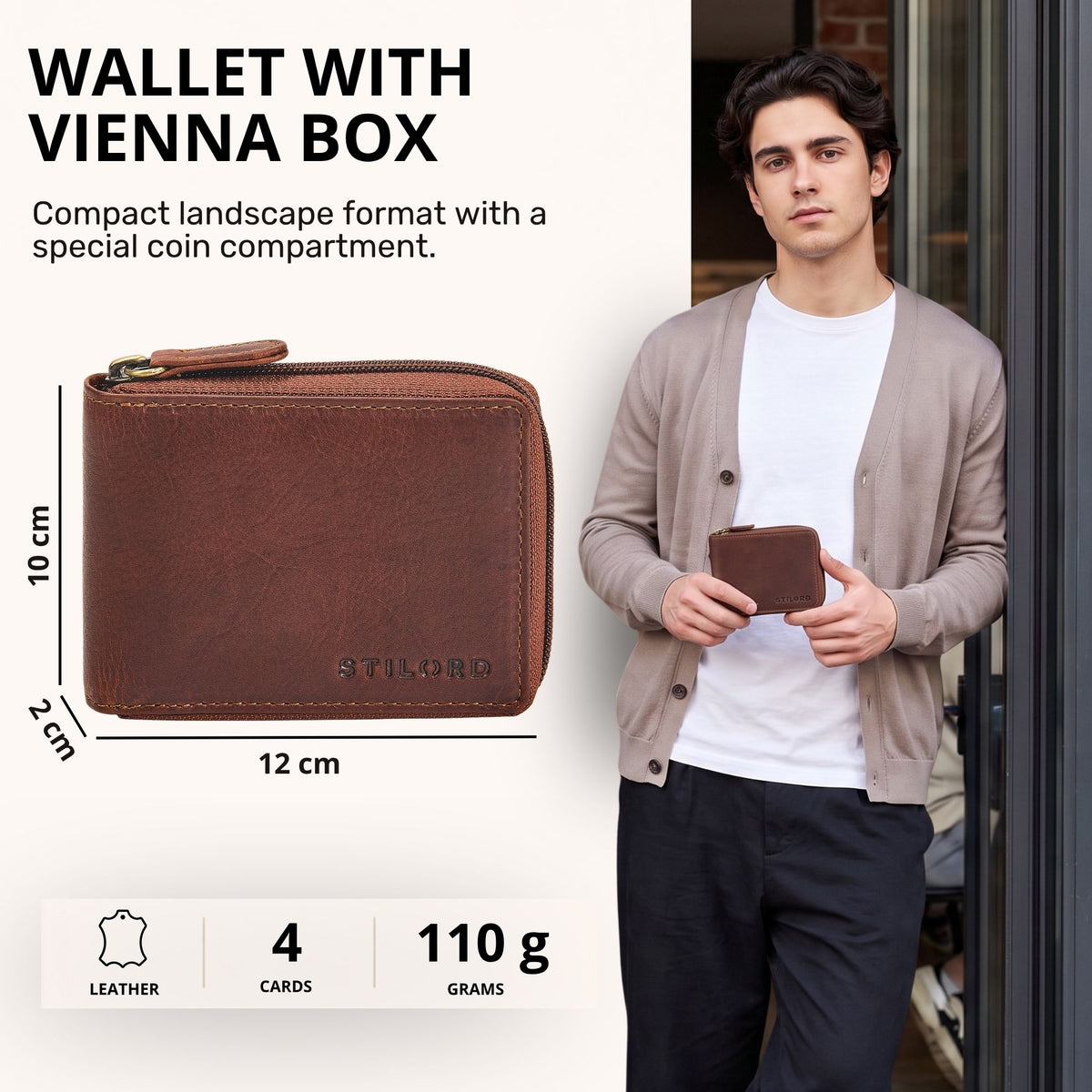 Leather wallet landscape cognac with Vienna coin box, front view and man holding the wallet