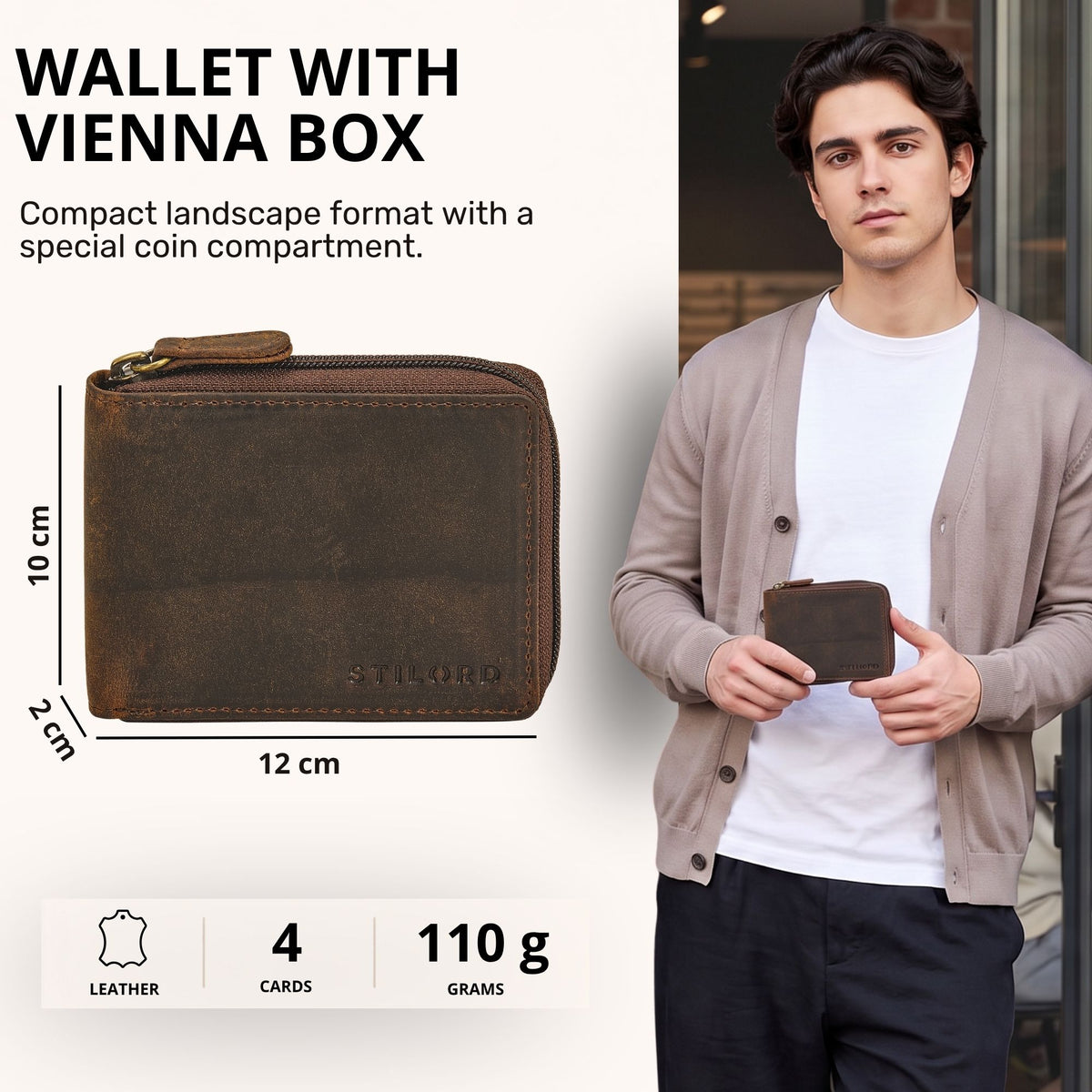 Compact leather wallet creta brown, landscape format with visible STILORD embossing, front view beside a man holding it