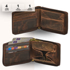 Open brown genuine leather wallet kreta with RFID embossing, 4 card slots, bill compartment and coin pocket in Wiener Schachtel style