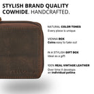 Compact brown leather wallet with zipper; close-up showing STILORD embossing on the front