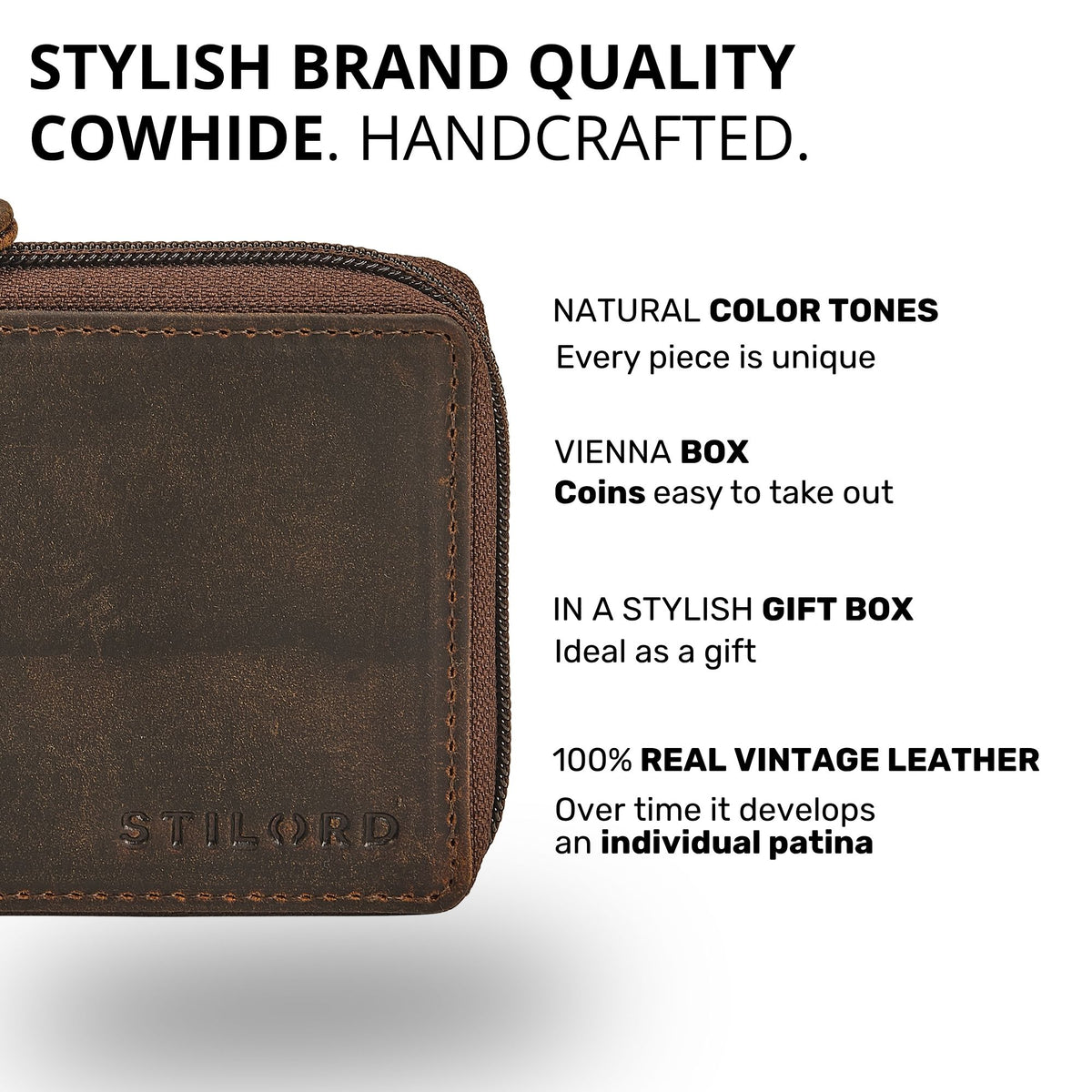 Compact brown leather wallet with zipper; close-up showing STILORD embossing on the front