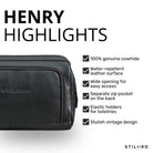 Toiletry bag in black cowhide leather, front view showing zipper and STILORD embossed logo