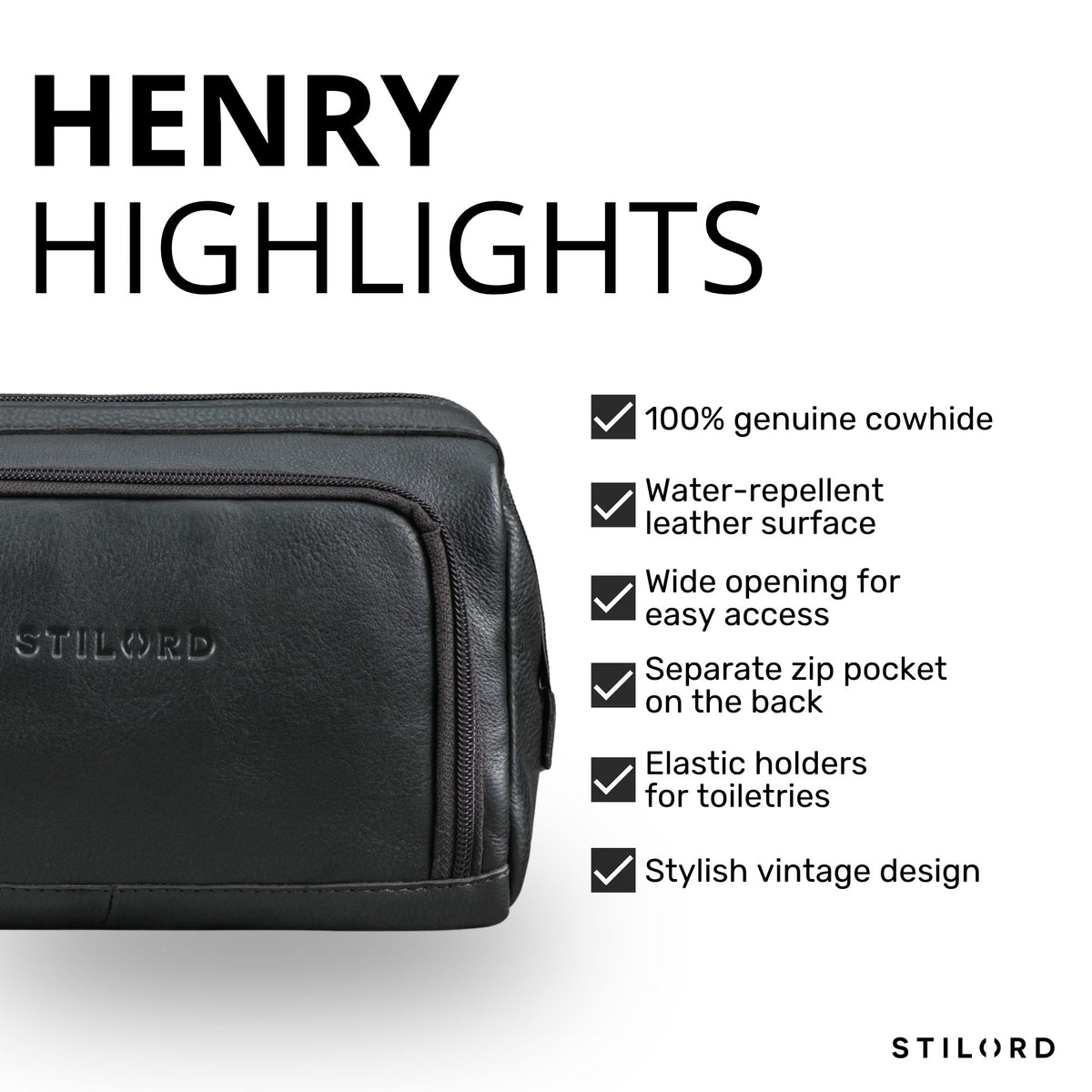 Toiletry bag in black cowhide leather, front view showing zipper and STILORD embossed logo