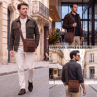 Flat small shoulder bag in Salerno brown leather, worn crossbody by a man in the city, fits 8-inch tablet