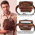 Small flat brown leather shoulder bag held by man; open top views show compartments with tablet, smartphone and wallet