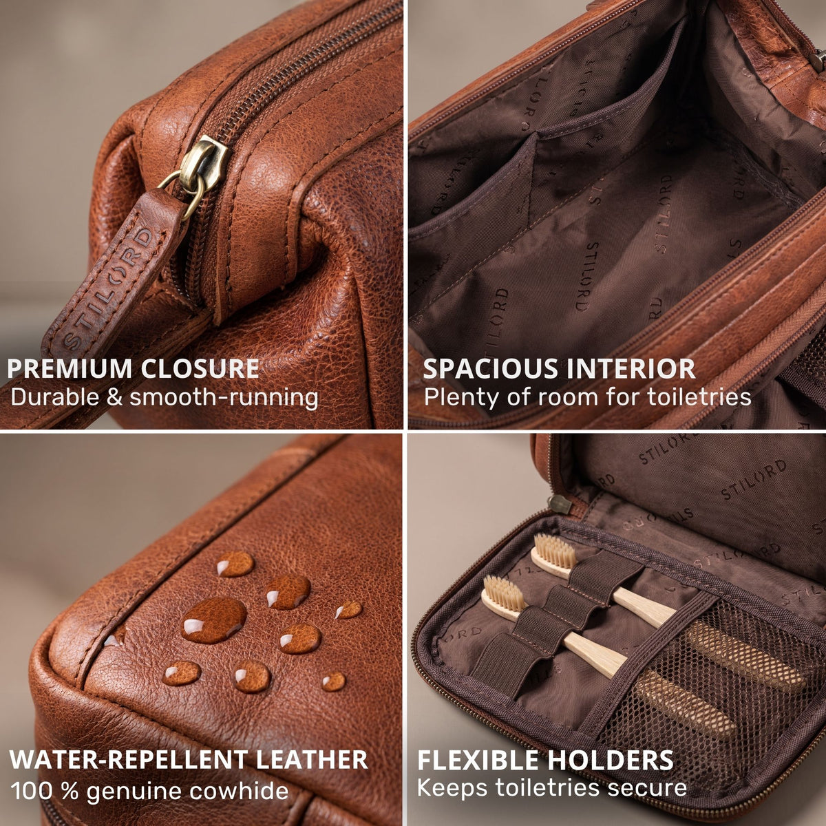 Maraska brown cowhide toiletry bag with STILORD stamped zipper pull, open interior, water-repellent leather with droplets, elastic holders