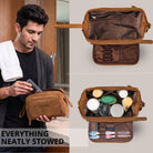 Open leather toiletry bag in tan and dark brown with interior compartments and elastic loops, man placing toiletry in bathroom
