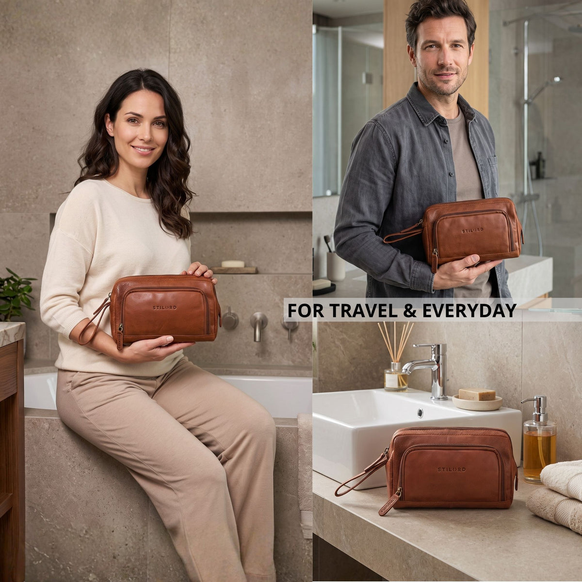 Brown leather toiletry bag (maraska) with zip and wrist strap, shown held by models and placed on a bathroom sink