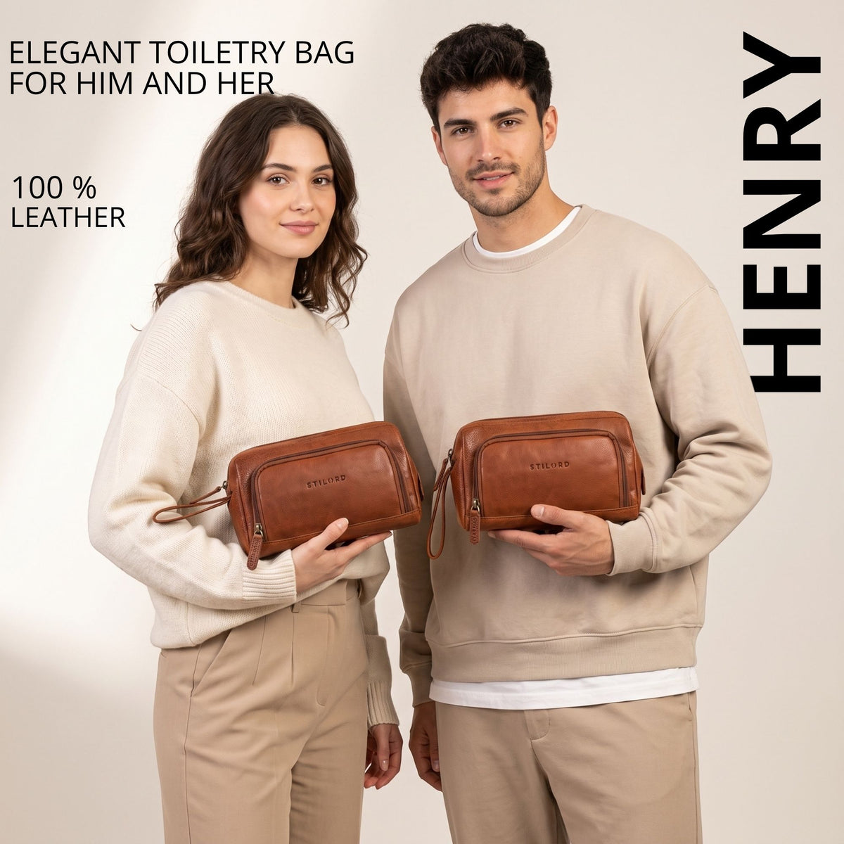 Two models hold a maraska brown leather toiletry bag, front view, visible STILORD embossing