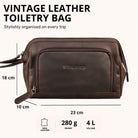 Toiletry bag in real leather zamora brown, front view with embossed STILORD logo and visible measurements