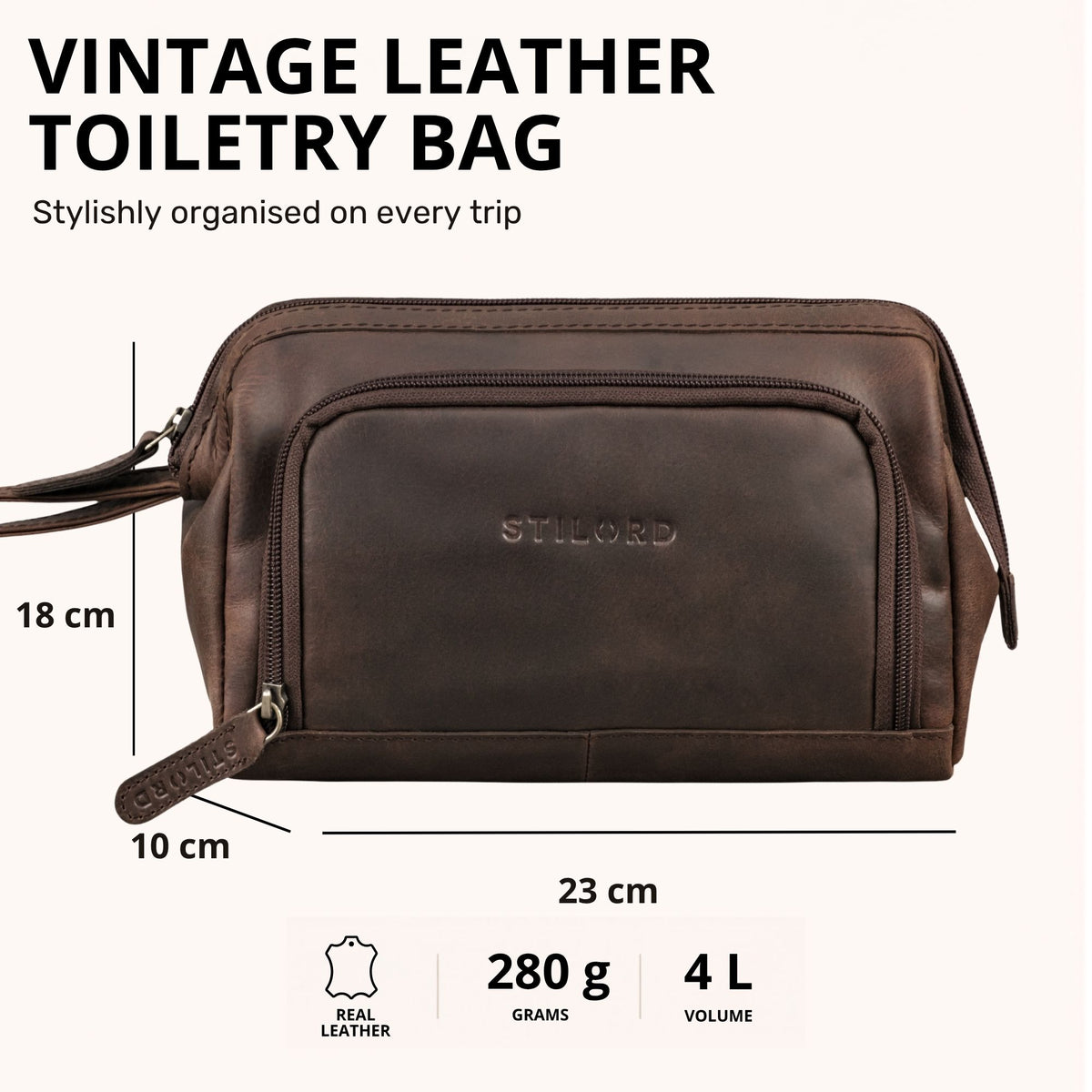 Toiletry bag in real leather zamora brown, front view with embossed STILORD logo and visible measurements