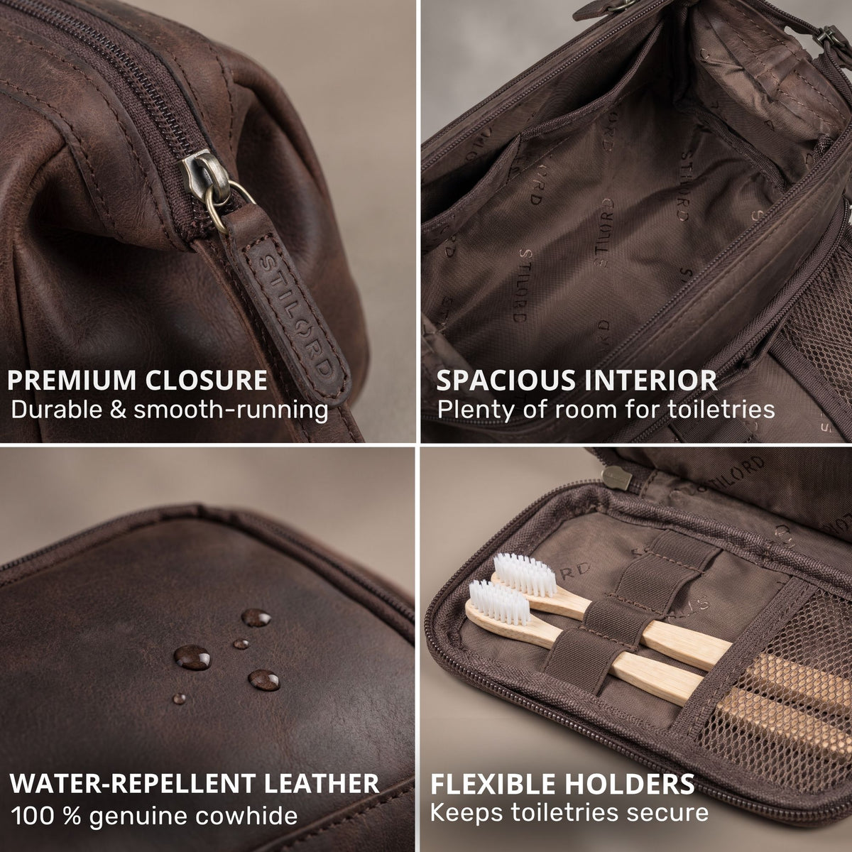 Brown leather toiletry bag (zamora), water-repellent surface, smooth zipper with STILORD embossing, roomy interior and elastic holders