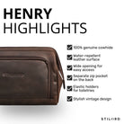 Leather toiletry bag in zamora brown, front detail showing zip pocket and embossed STILORD logo