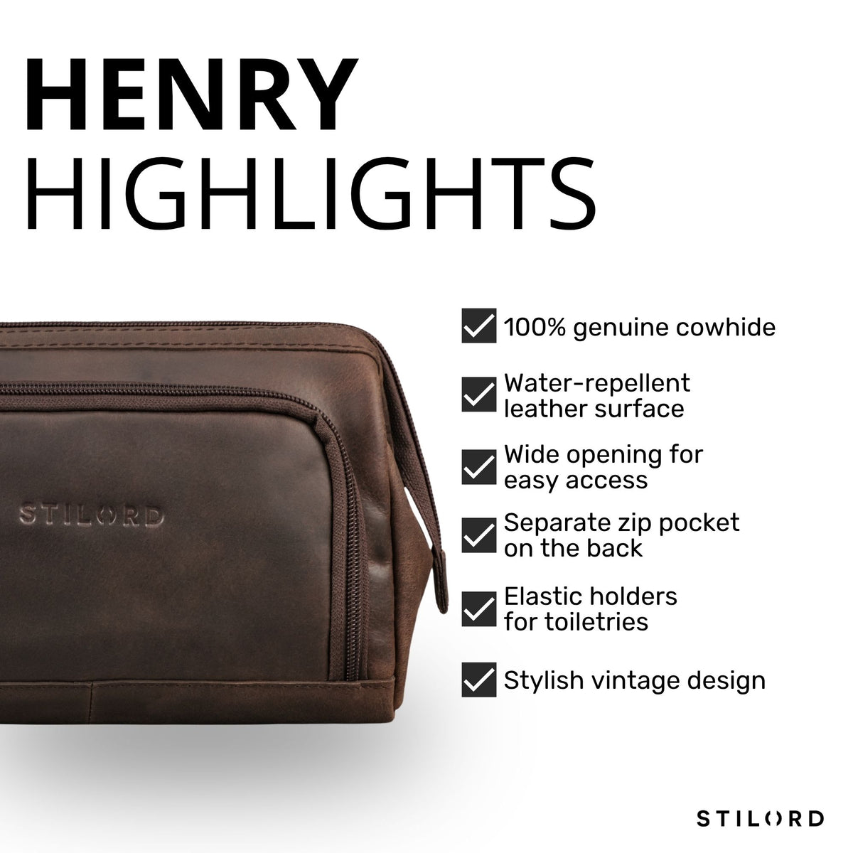 Leather toiletry bag in zamora brown, front detail showing zip pocket and embossed STILORD logo