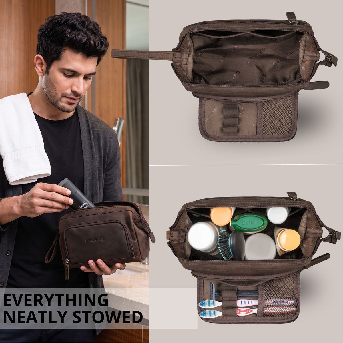 Henry leather toiletry bag in zamora brown, open view showing interior compartments, organiser flap with elastic loops and visible STILORD embossing