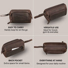 Leather toiletry bag in zamora brown, side and back views with wrist strap, zipper pockets and visible STILORD embossing.