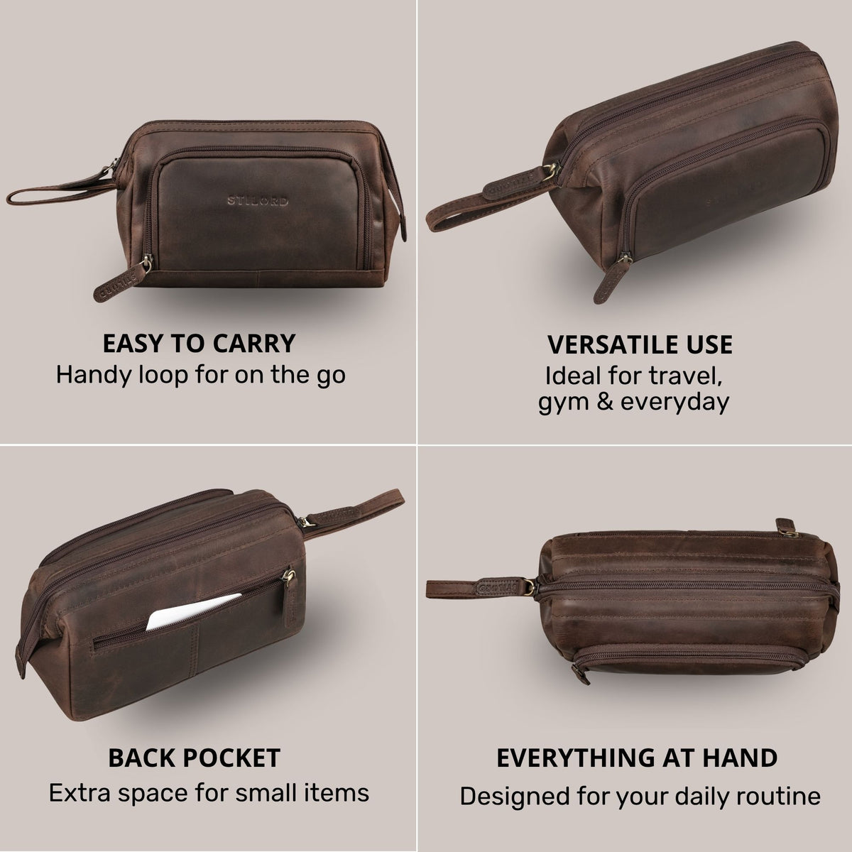 Leather toiletry bag in zamora brown, side and back views with wrist strap, zipper pockets and visible STILORD embossing.