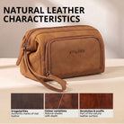 Tan leather toiletry bag Henry, front-right angle, embossed STILORD logo, wrist strap and leather grain details