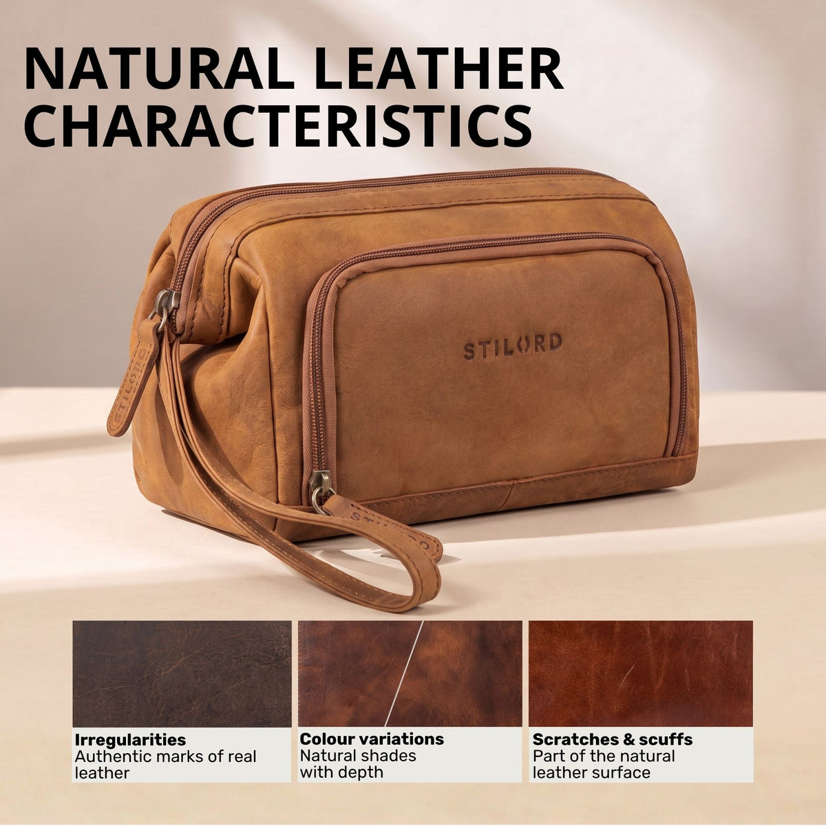 Tan leather toiletry bag Henry, front-right angle, embossed STILORD logo, wrist strap and leather grain details