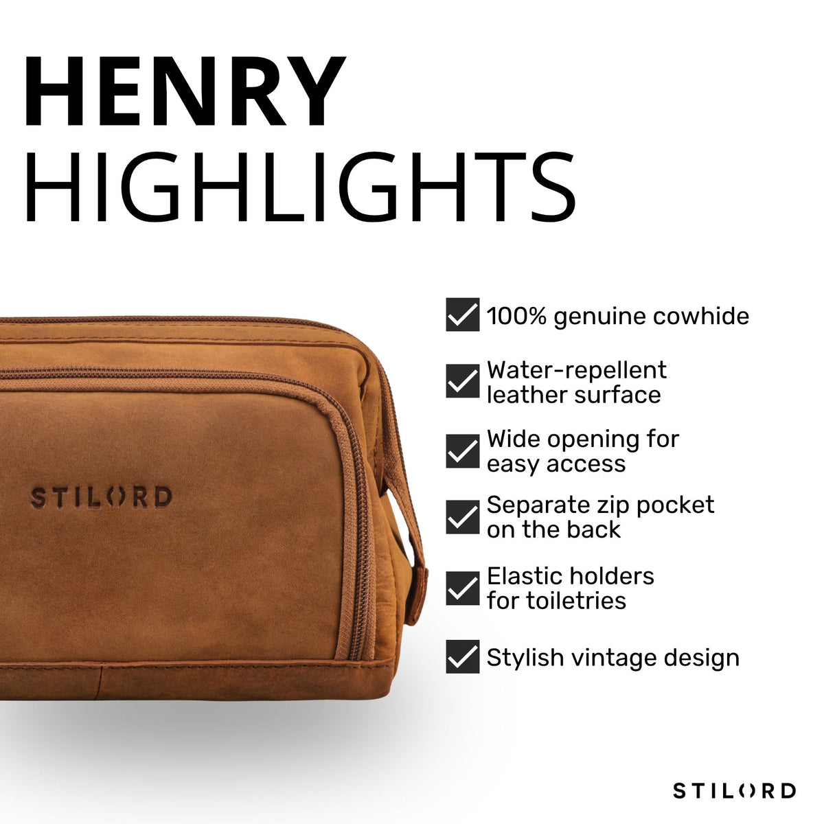 Tan cowhide toiletry bag, front detail with embossed STILORD logo, wide zipper and side carry loop.