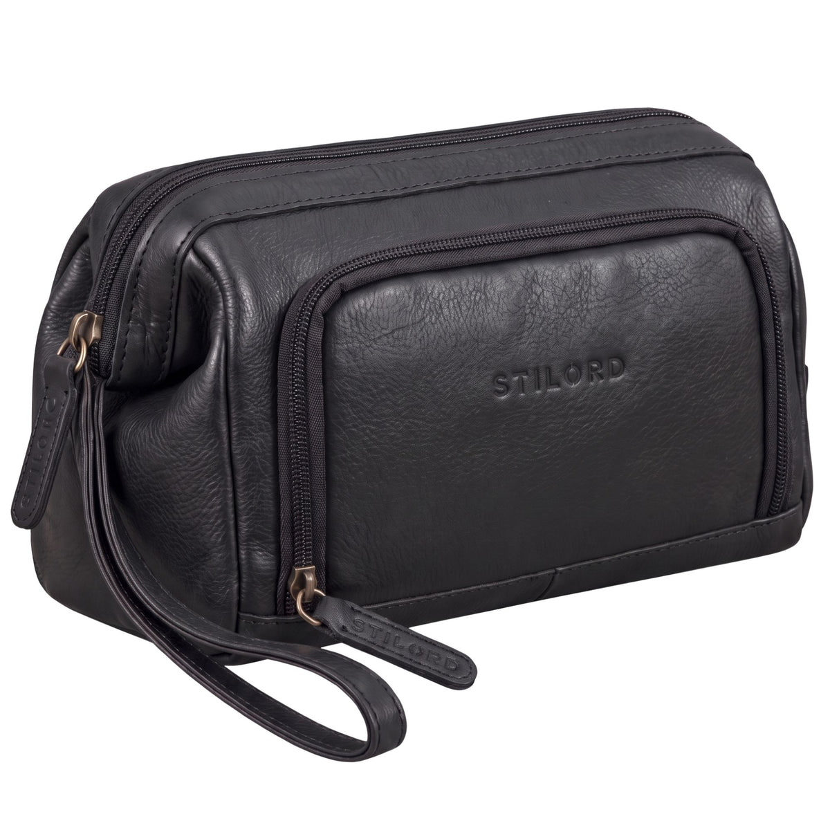 Black leather toiletry bag, unisex, front detail view showing embossed STILORD logo, zippers and wrist strap visible