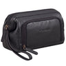 Black leather toiletry bag, unisex, front detail view showing embossed STILORD logo, zippers and wrist strap visible