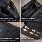 Toiletry bag in black cowhide leather, close-up collage: zip with STILORD embossing, interior pockets, water-repellent leather, elastic holders