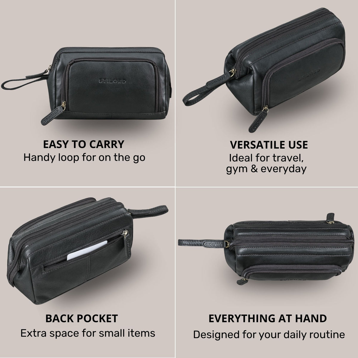 Black leather toiletry bag with wrist strap, STILORD embossing and back pocket, shown from multiple angles