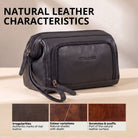 Black leather toiletry bag with STILORD embossing, side view showing wrist strap and zip compartments