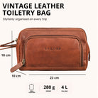 Leather toiletry bag maraska brown, front view with zipper, embossed STILORD logo and wrist strap