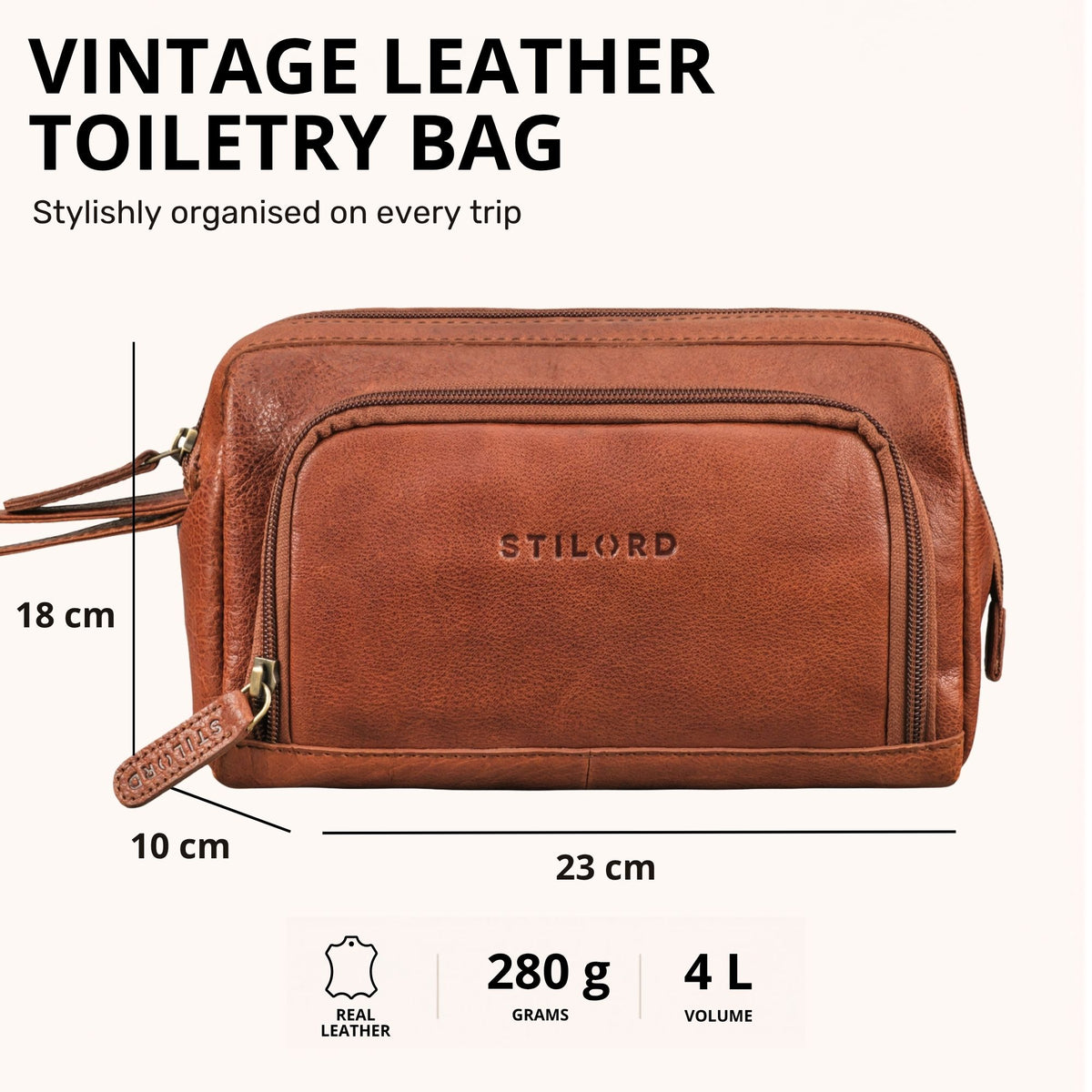 Leather toiletry bag maraska brown, front view with zipper, embossed STILORD logo and wrist strap