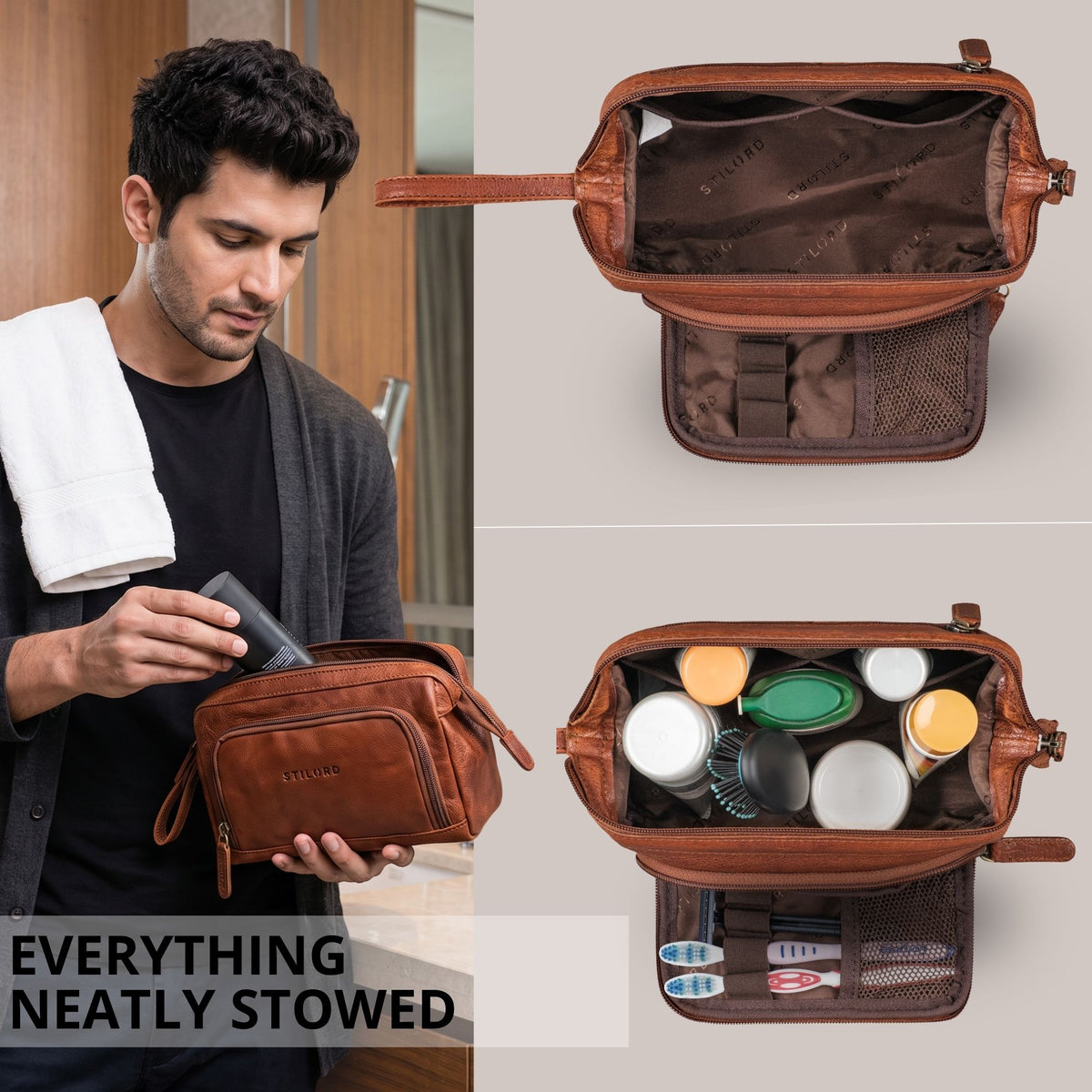 Maraska brown leather toiletry bag with open top showing interior compartments; lifestyle shot of man packing it in a bathroom.