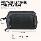 Black leather toiletry bag with STILORD embossing, front view showing zip pocket and measurement markings