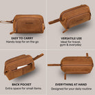 Tan leather toiletry bag Henry, multiple angles showing wrist strap and back zip pocket with STILORD embossing