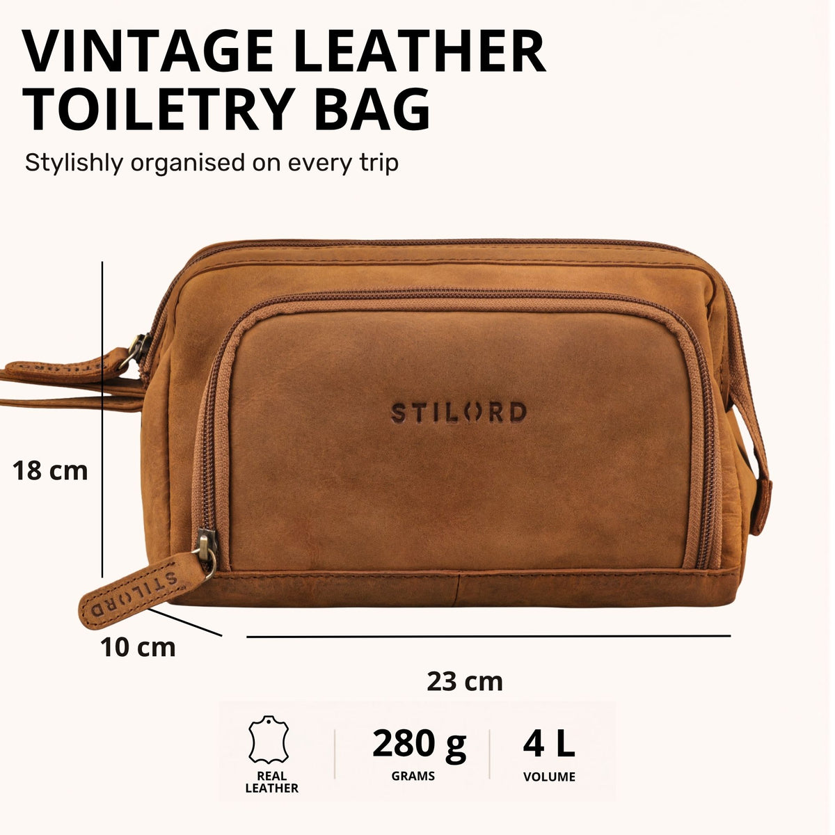 Tan leather toiletry bag front view with STILORD embossing and size markers 23 x 10 x 18 cm